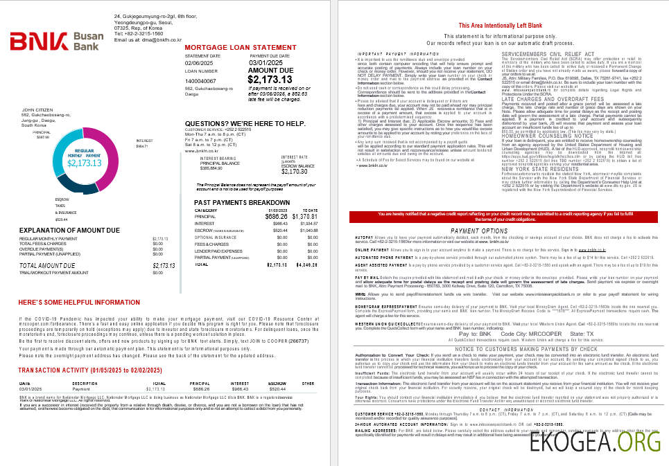 Relevé hypothécaire de la banque BNK de Corée du Sud aux formats Word et PDF 1 , 2